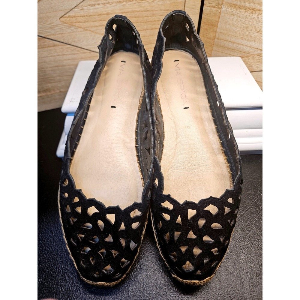Via Spiga Espadrille Ballet Flats 8.5 Black Bellerose Laser Cut Suede Chic #734